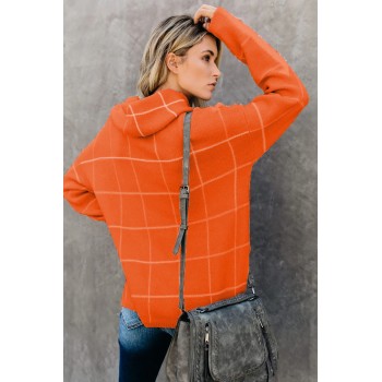 Brown Grid Pattern Turtleneck Sweater Green Apricot Orange